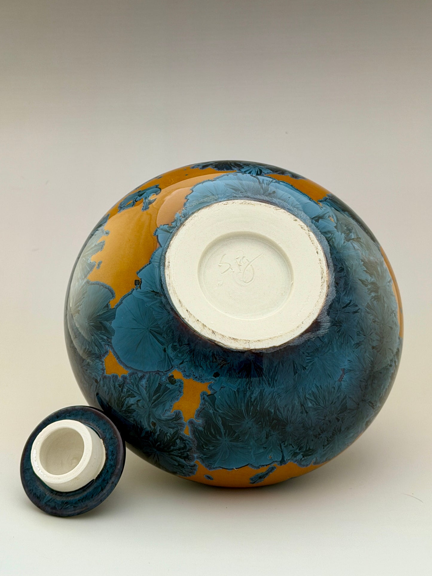 Hand-Thrown Porcelain Cremation Urn – 90 Cubic Inch Memorial Urn – Nickel Yellow Crystalline Glaze – Stephan Roy Studio