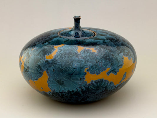 Hand-Thrown Porcelain Cremation Urn – 90 Cubic Inch Memorial Urn – Nickel Yellow Crystalline Glaze – Stephan Roy Studio