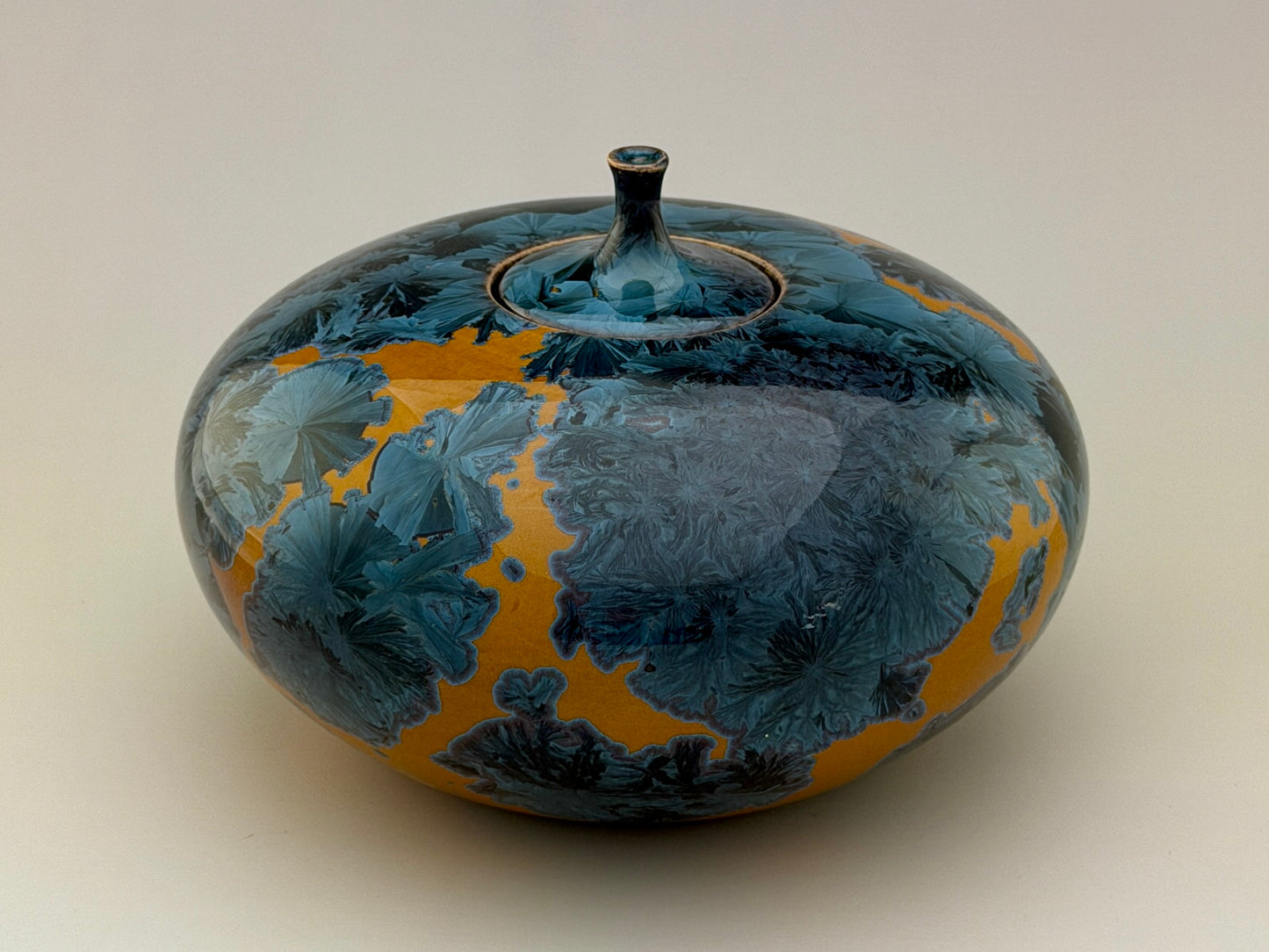 Hand-Thrown Porcelain Cremation Urn – 90 Cubic Inch Memorial Urn – Nickel Yellow Crystalline Glaze – Stephan Roy Studio