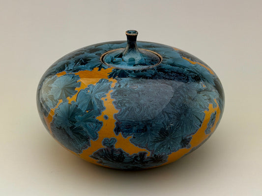 Hand-Thrown Porcelain Cremation Urn – 90 Cubic Inch Memorial Urn – Nickel Yellow Crystalline Glaze – Stephan Roy Studio
