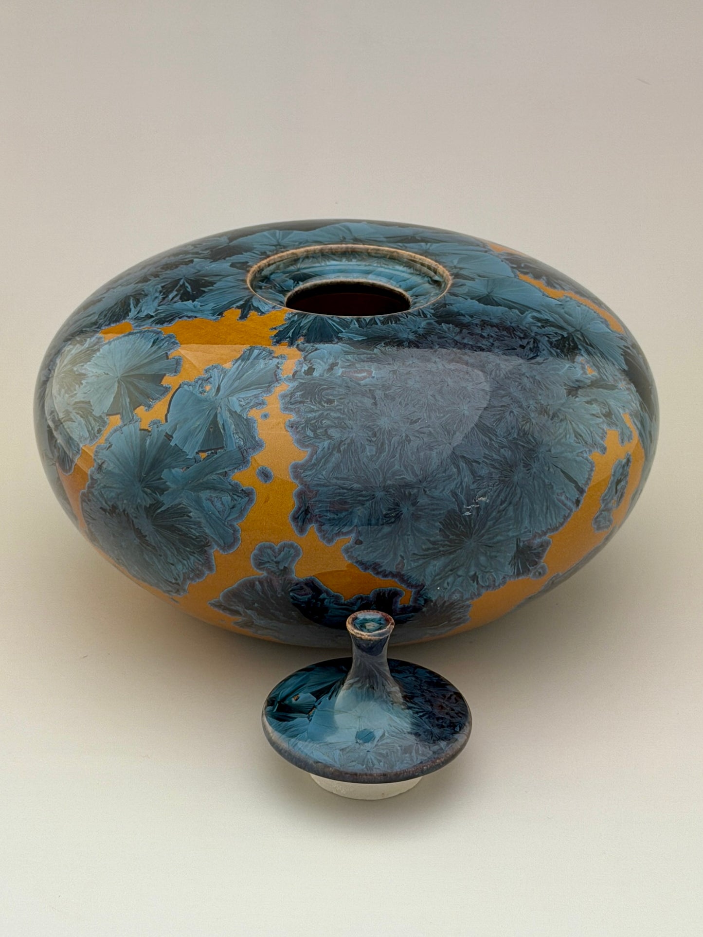 Hand-Thrown Porcelain Cremation Urn – 90 Cubic Inch Memorial Urn – Nickel Yellow Crystalline Glaze – Stephan Roy Studio