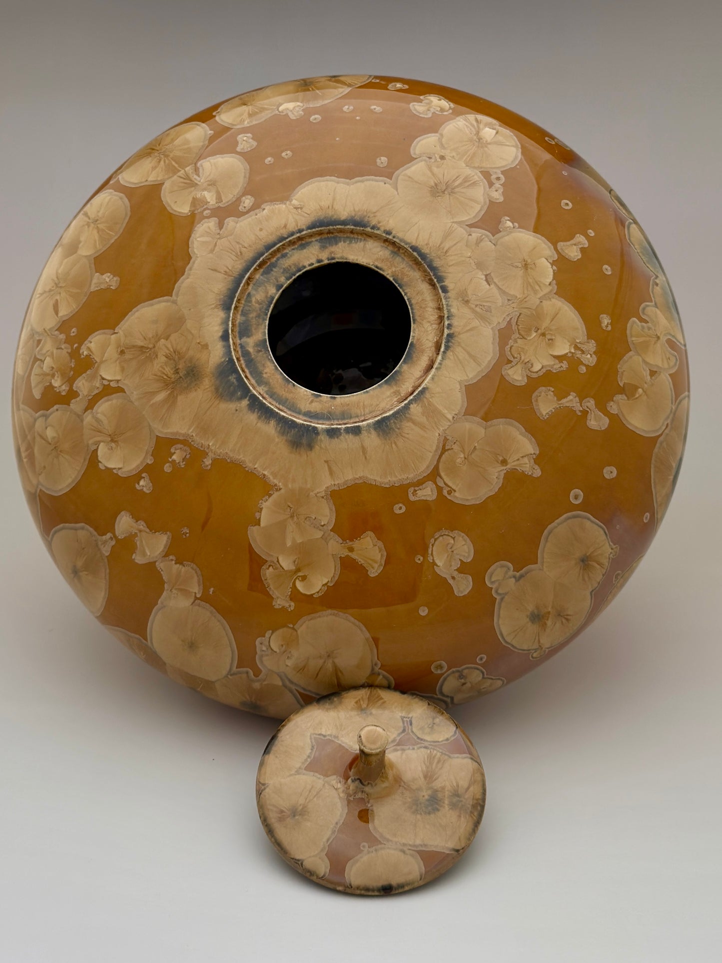 Hand-Thrown Porcelain Cremation Urn – 219 Cubic Inch Memorial Urn – Golden Tiger’s Eye Crystalline Glaze – Stephan Roy Studio