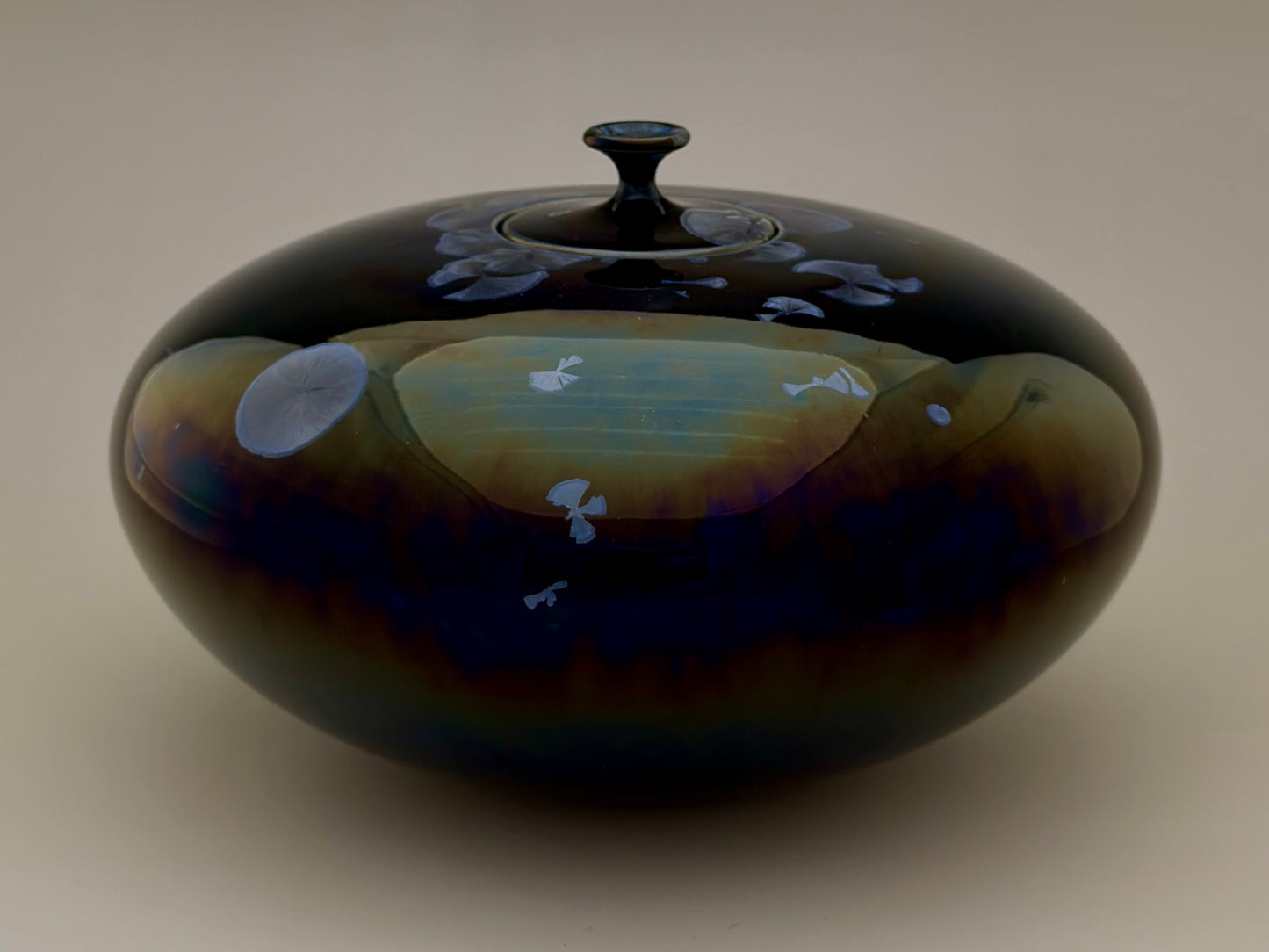 Hand-Thrown Porcelain Cremation Urn – 150 Cubic Inch Memorial Urn – Nickel Yellow-Blue Crystalline Glaze – Stephan Roy Studio