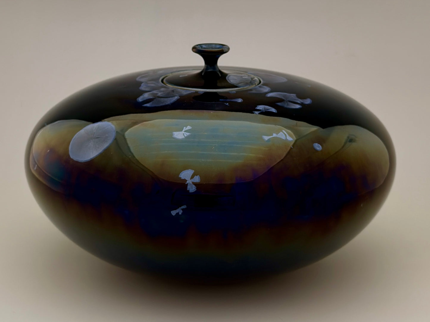 Hand-Thrown Porcelain Cremation Urn – 150 Cubic Inch Memorial Urn – Nickel Yellow-Blue Crystalline Glaze – Stephan Roy Studio