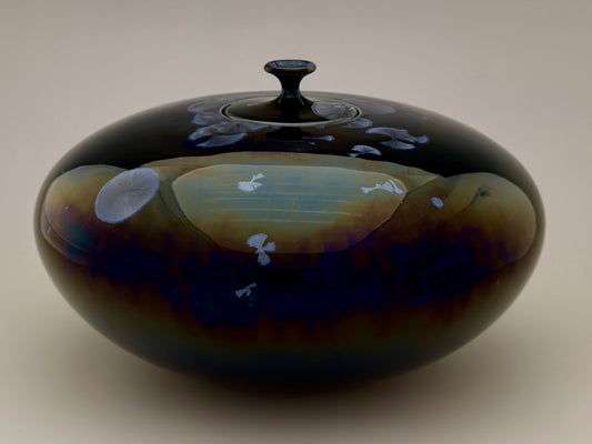 Hand-Thrown Porcelain Cremation Urn – 150 Cubic Inch Memorial Urn – Nickel Yellow-Blue Crystalline Glaze – Stephan Roy Studio