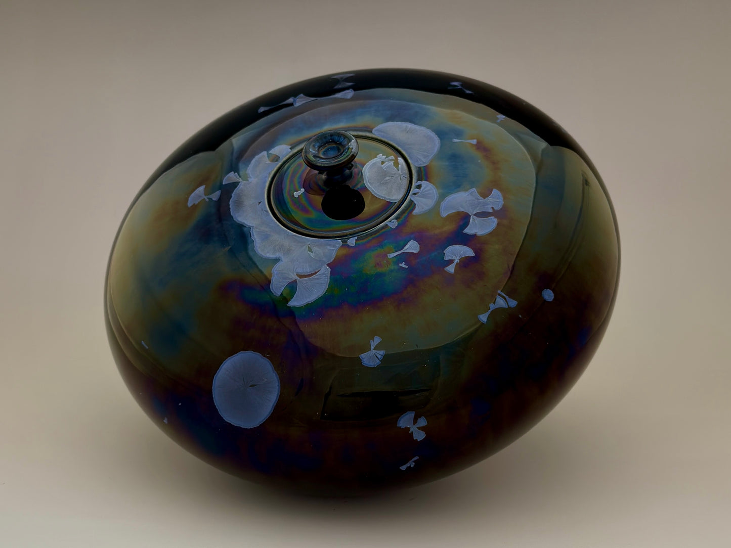 Hand-Thrown Porcelain Cremation Urn – 150 Cubic Inch Memorial Urn – Nickel Yellow-Blue Crystalline Glaze – Stephan Roy Studio