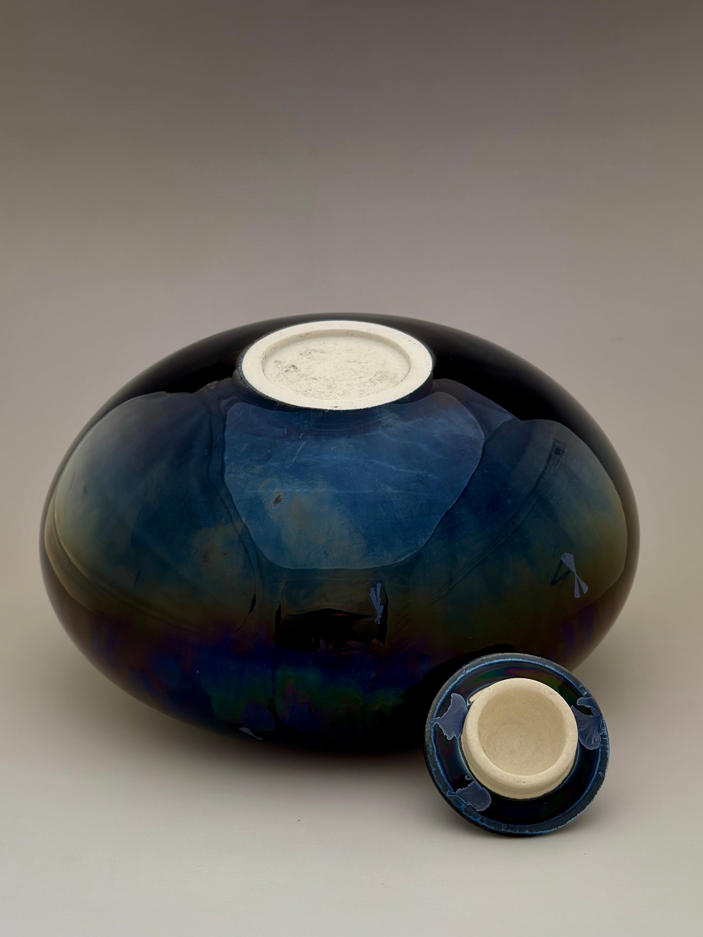 Hand-Thrown Porcelain Cremation Urn – 150 Cubic Inch Memorial Urn – Nickel Yellow-Blue Crystalline Glaze – Stephan Roy Studio
