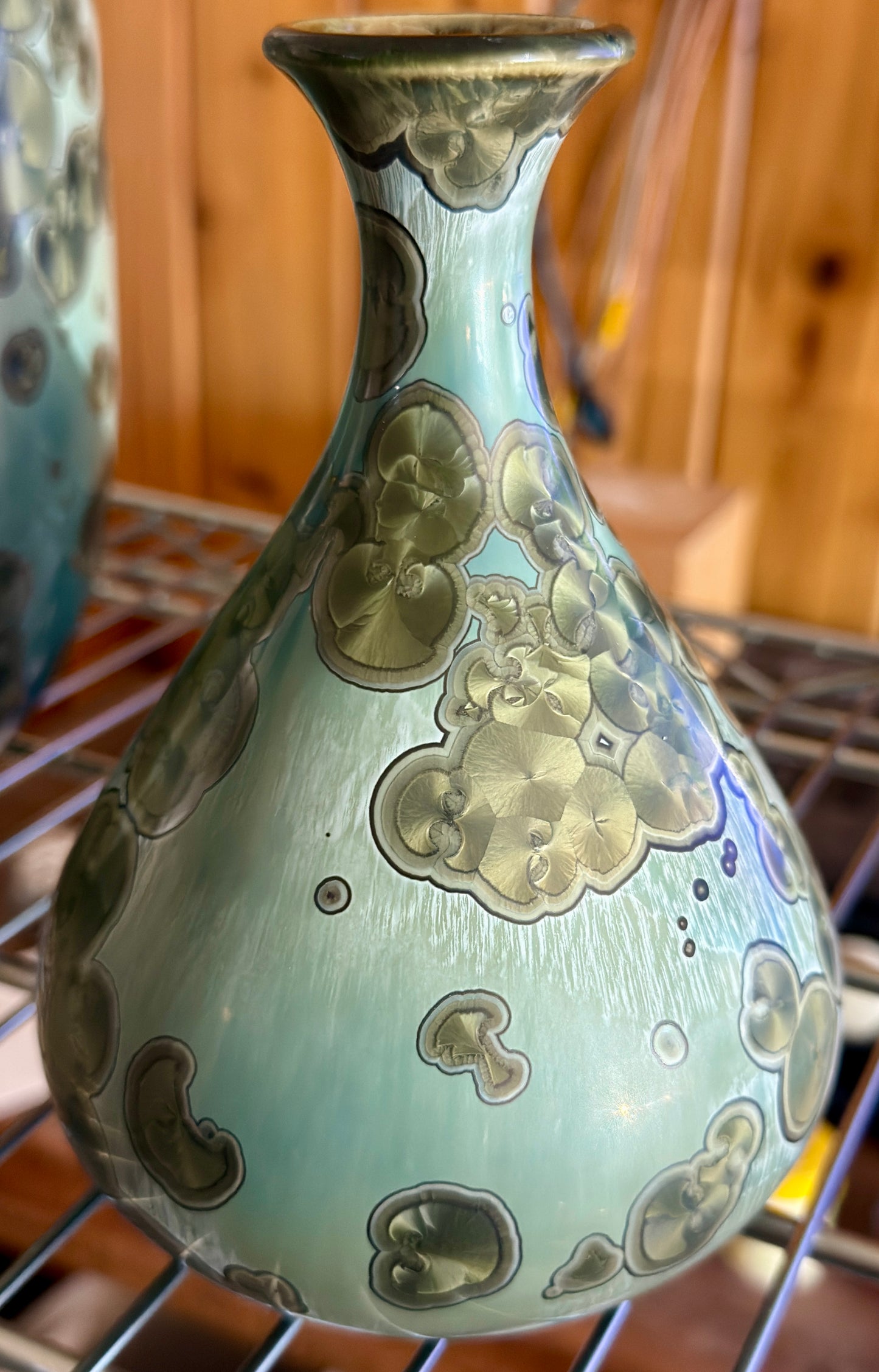 Hand-Thrown Porcelain Flower Vase – Iridescent Patina Green Crystalline Glaze – Stephan Roy Studio