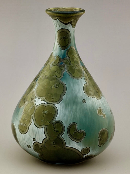 Hand-Thrown Porcelain Flower Vase – Iridescent Patina Green Crystalline Glaze – Stephan Roy Studio