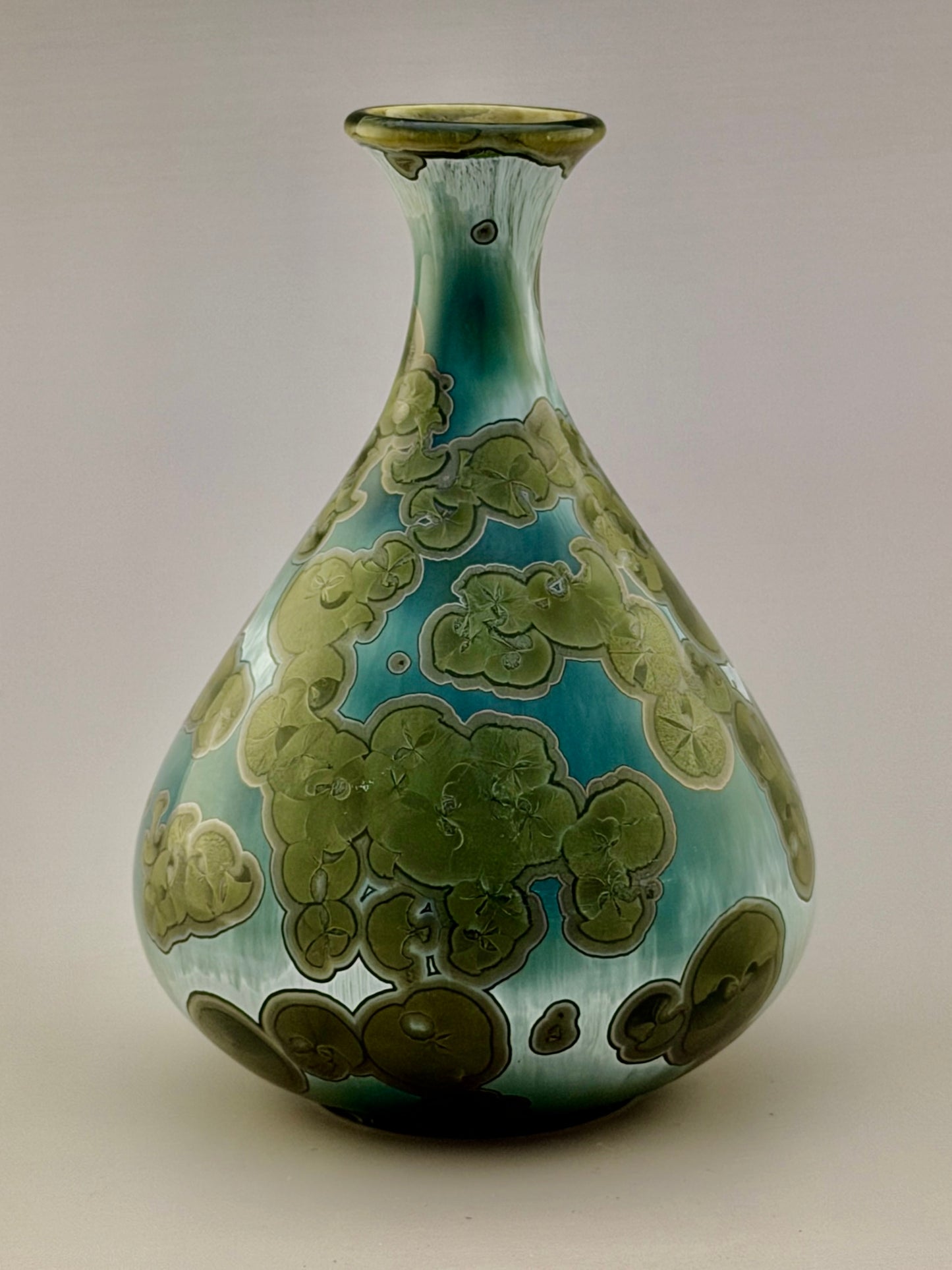 Hand-Thrown Porcelain Flower Vase – Iridescent Patina Green Crystalline Glaze – Stephan Roy Studio