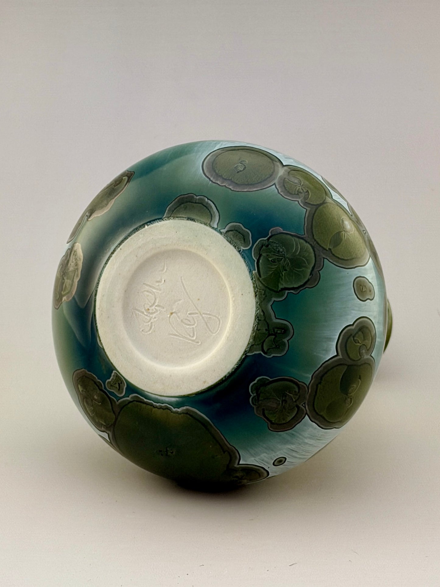 Hand-Thrown Porcelain Flower Vase – Iridescent Patina Green Crystalline Glaze – Stephan Roy Studio