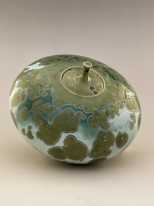 120 Cubic Inch Hand-Thrown Porcelain Cremation Urn – Patina Copper Crystalline Glaze – High-Fire Ceramic Memorial by Stephan Roy