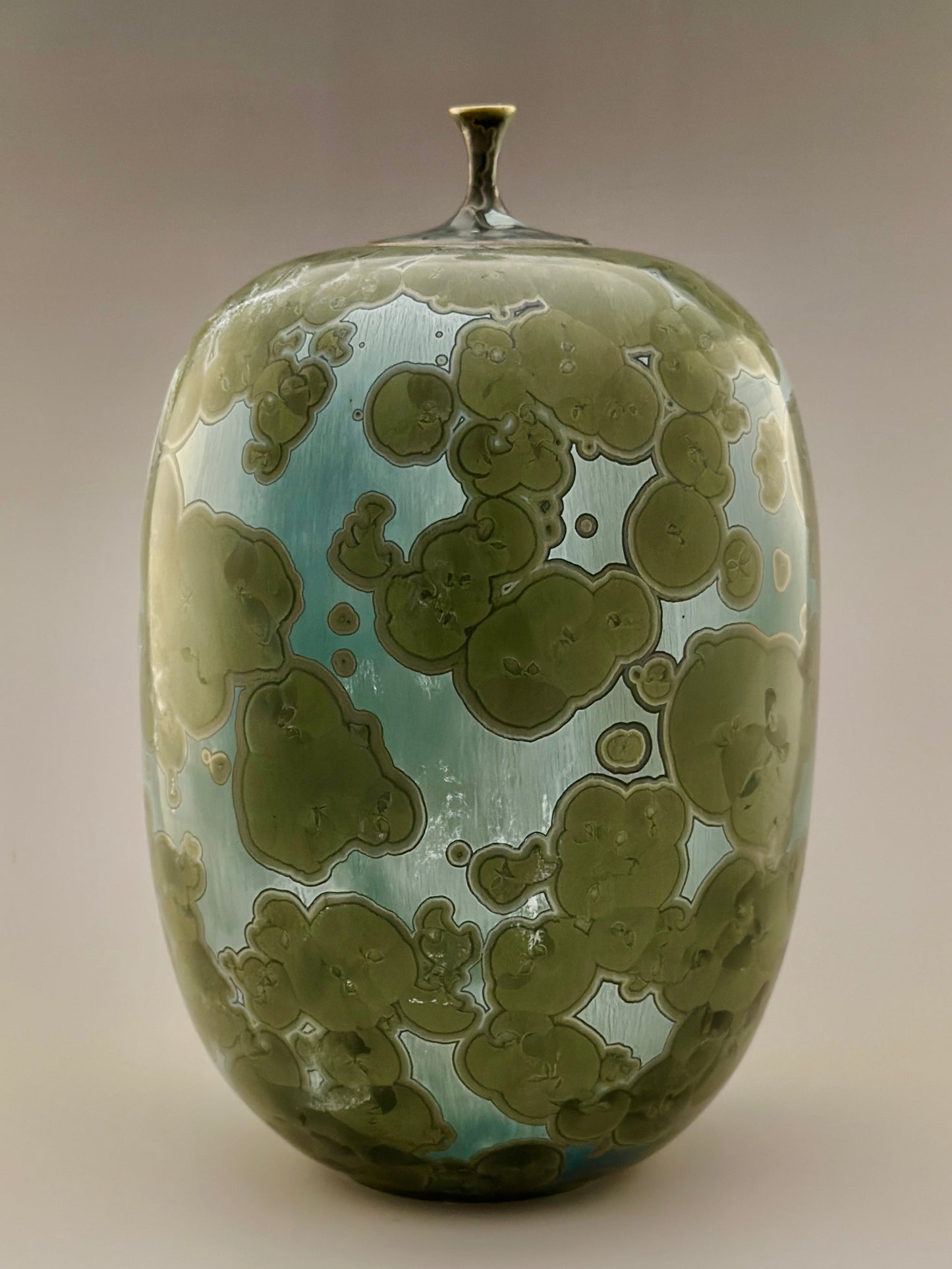 Hand-Thrown Cremation Urn 150 cu in | Patina green Crystalline Glaze | Stephan Roy Studio