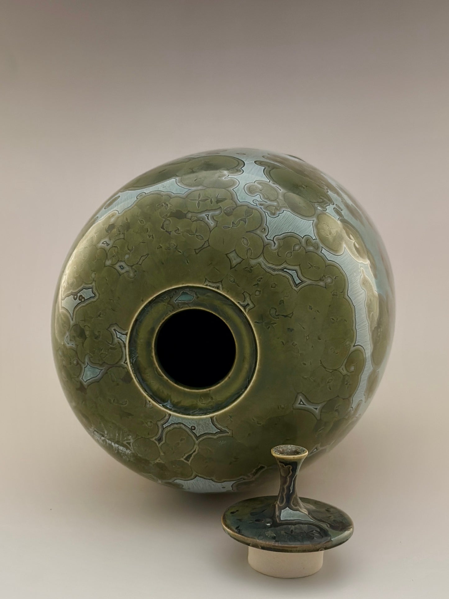 Hand-Thrown Cremation Urn 150 cu in | Patina green Crystalline Glaze | Stephan Roy Studio