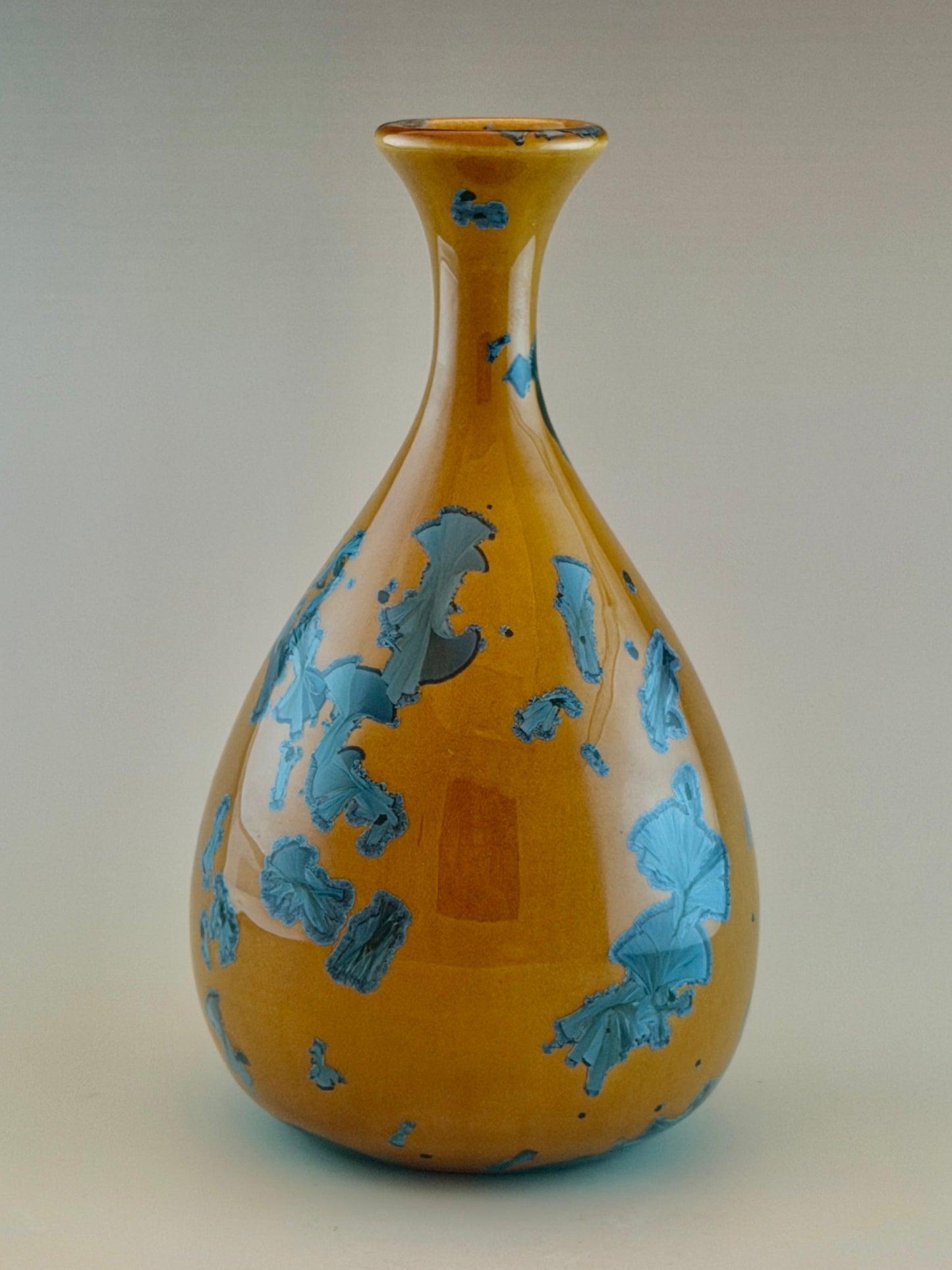 Hand-Thrown Porcelain Flower Vase – Yellow Nickel Blue Crystalline Glaze – Stephan Roy Studio