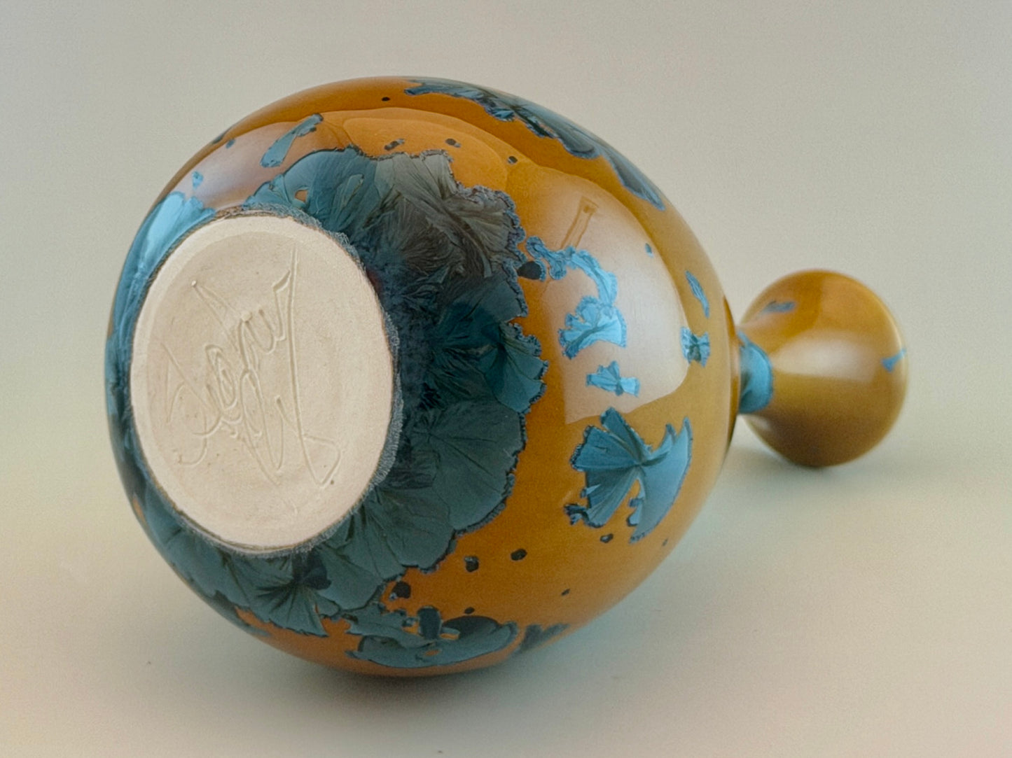 Hand-Thrown Porcelain Flower Vase – Yellow Nickel Blue Crystalline Glaze – Stephan Roy Studio