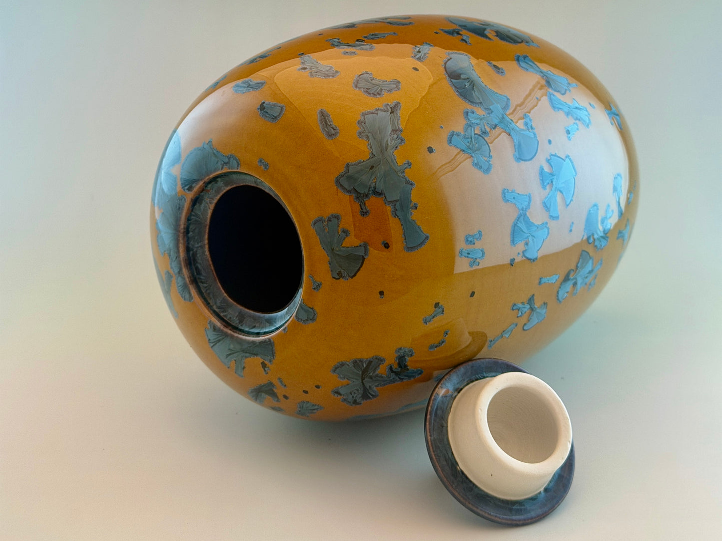 Hand-Thrown Porcelain Cremation Urn 150 cu in | Nickel Blue Crystalline Glaze | Stephan Roy Studio