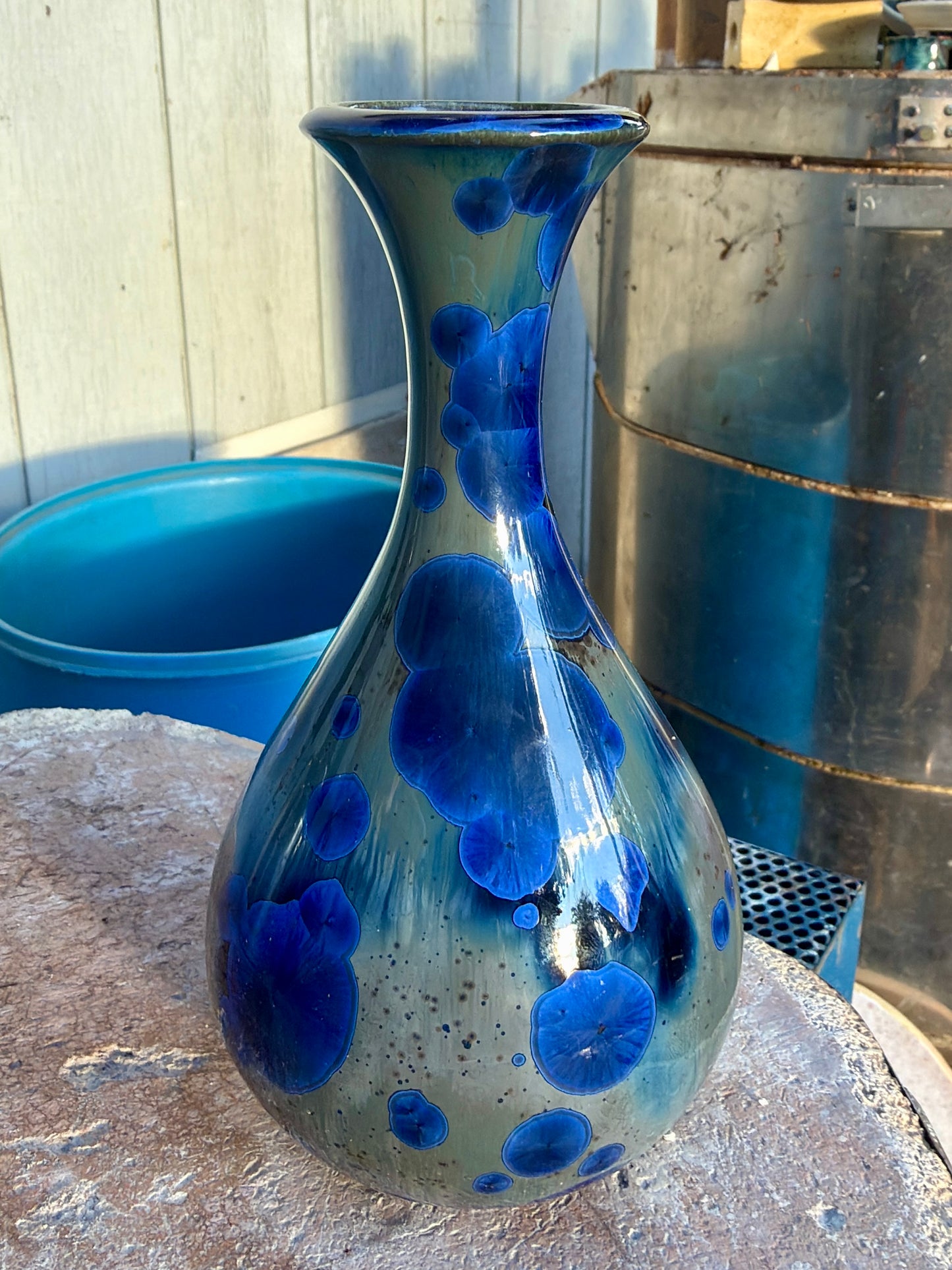 Hand-Thrown Porcelain Flower Vase – Pale Cobalt Blue Green Crystalline Glaze – Stephan Roy Studio